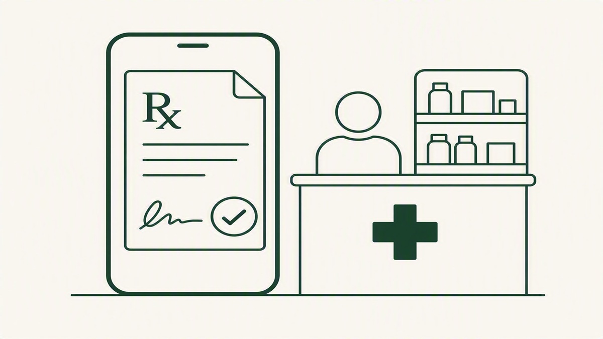 An e-prescription on a smartphone with a digital signature checkmark, next to a pharmacy counter