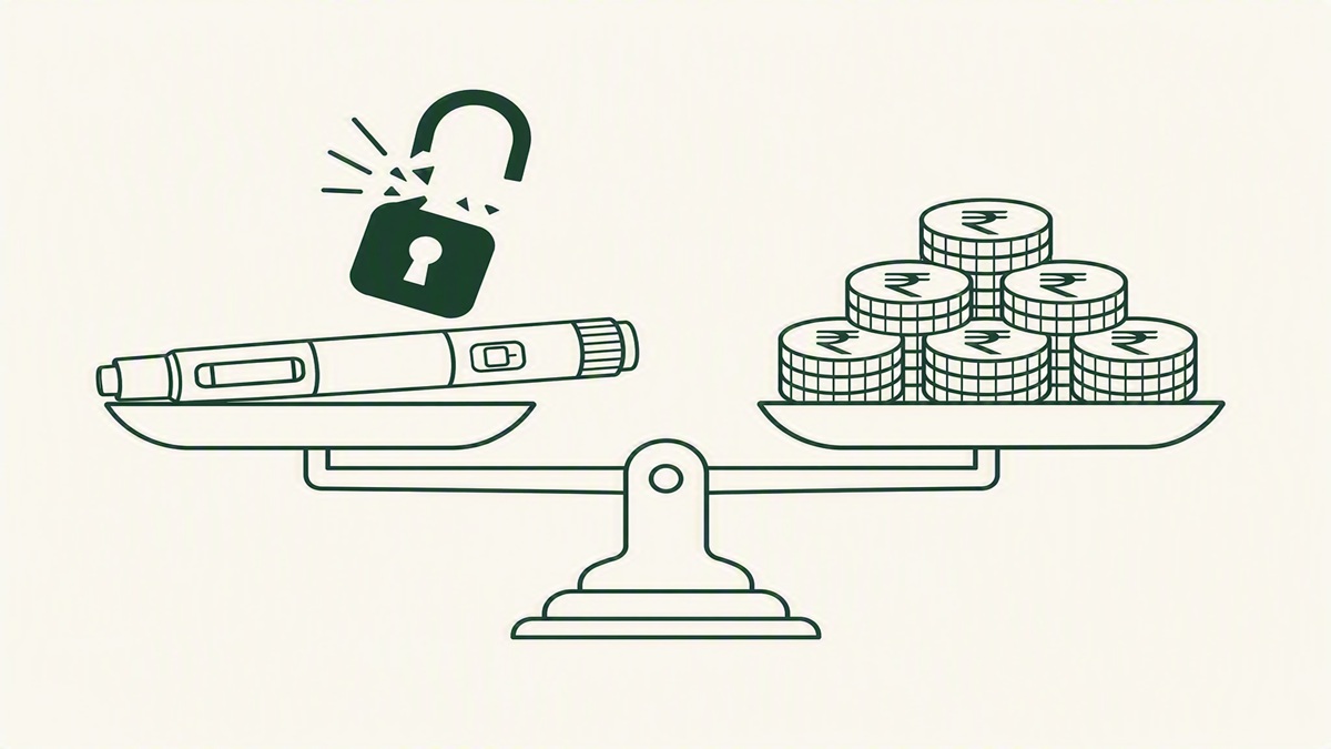 Ozempic's patent cliff — a GLP-1 injector pen on a weighing scale against rupee coins